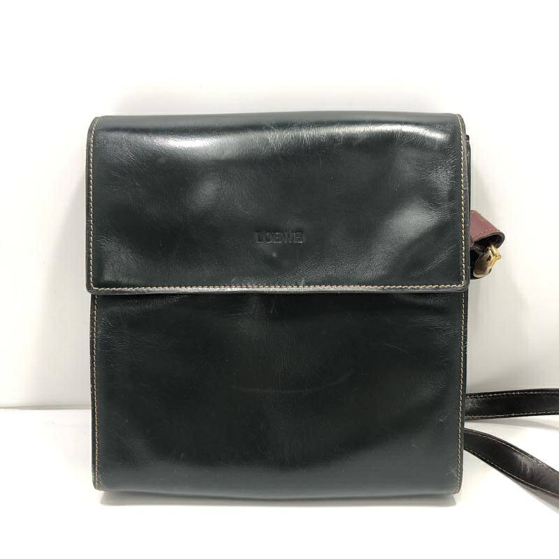 【中古】LOEWE ゴールドロゴ金具 レザーショルダーバッグ グリーン △スレ多数 ロエベ[24]