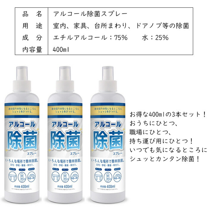 楽天市場 アルコールスプレー 除菌 消毒液 400ml 3本セット アルコール濃度75 消毒 キッチン スマホ ドアノブ おもちゃ 掃除 ウイルス除去 スプレーbs400x3 お宝ワールド2号店