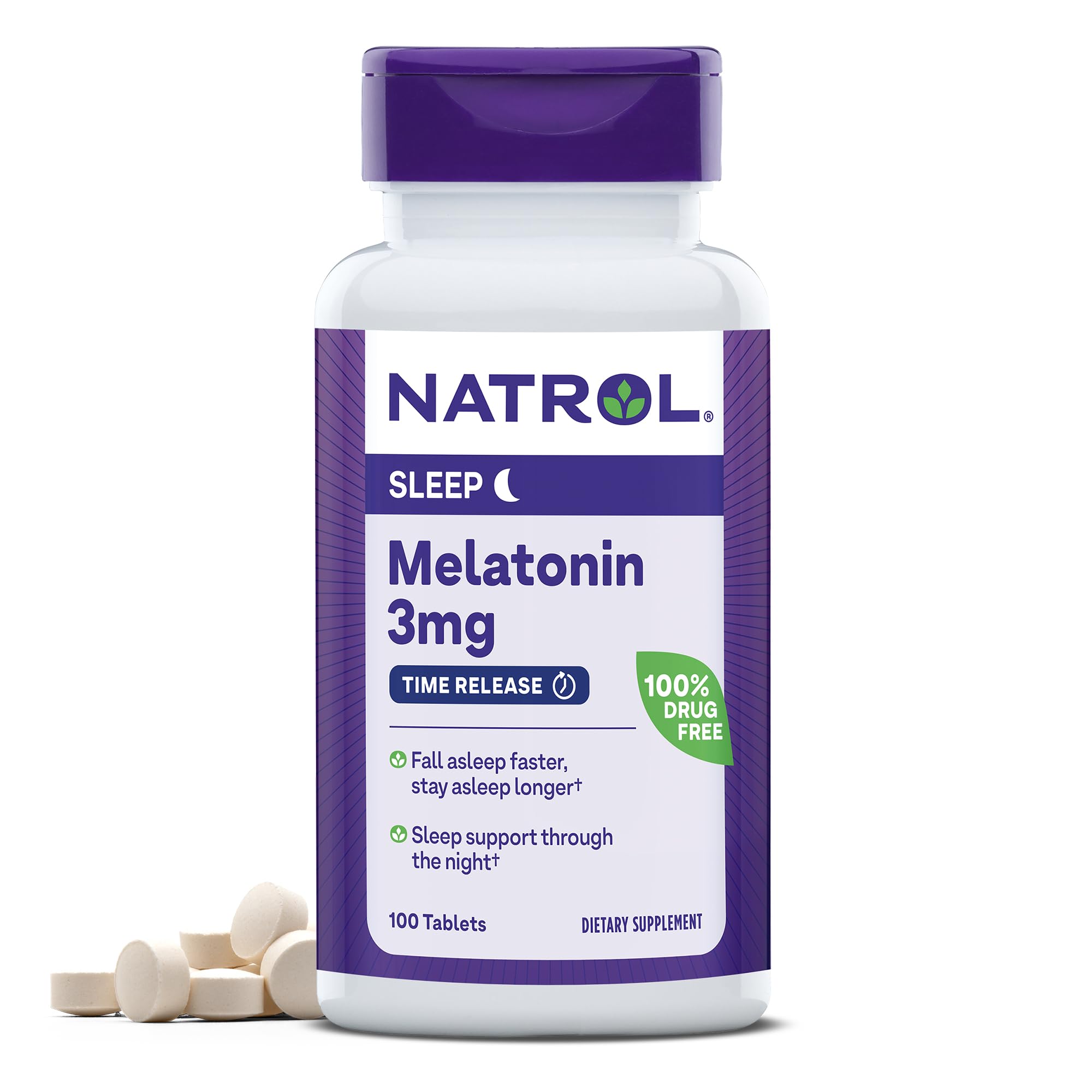 Natrol Melatonin Time Release Tablets, Helps You Fall Asleep Faster, Stay Asleep Longer, 100% Vegetarian, 3mg, 100 Count画像