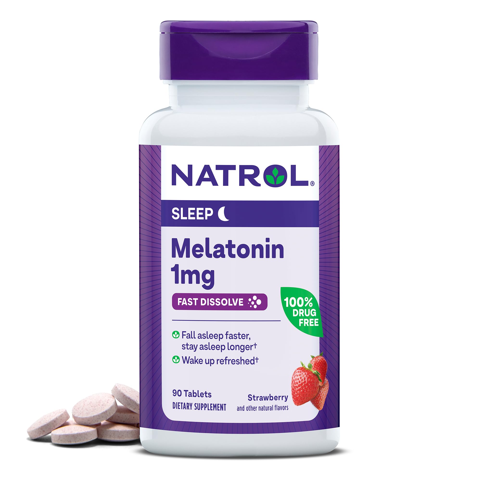 Natrol Melatonin Fast Dissolve Tablets, Helps You Fall Asleep Faster, Dissolves in Mouth, Strawberry Flavor, 1mg, 90 Count画像