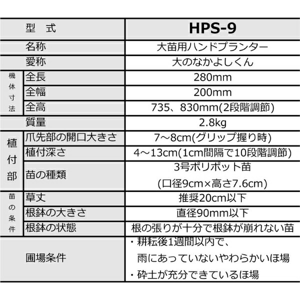 サイズ交換ＯＫ】 みのる産業 野菜移植機 大苗用ハンドプランター 大のなかよしくん HPS-9 qdtek.vn