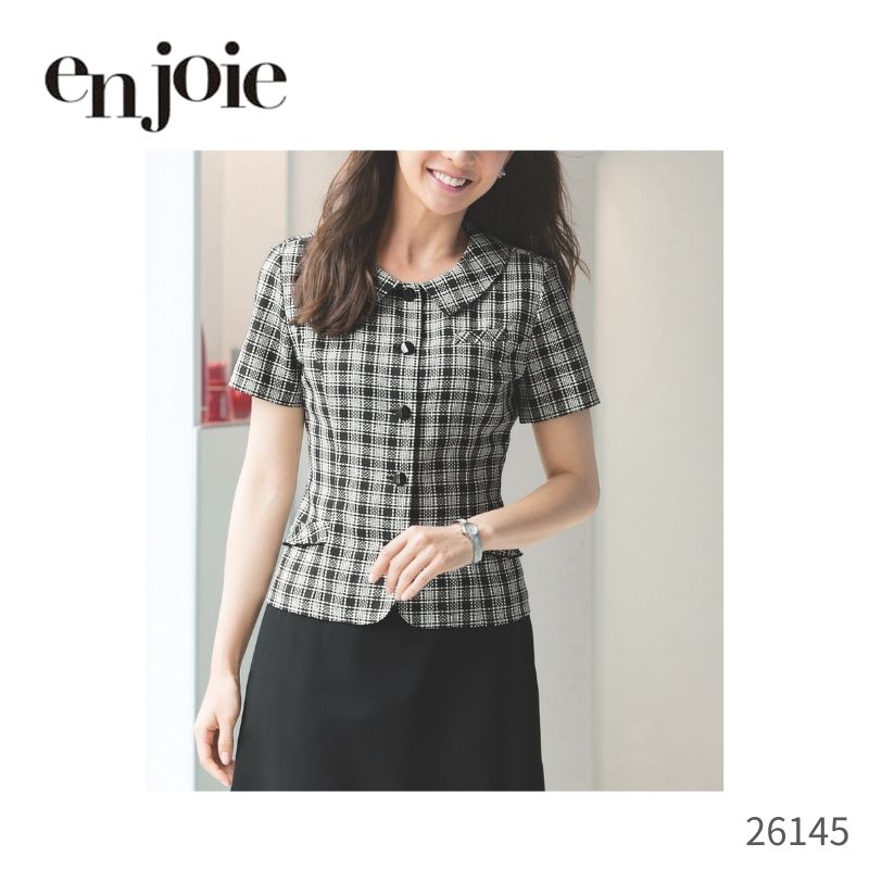 事務服 ブラウス オーバーブラウス ジョア en joie 26145 グラフィカルチェック 事務 制服 半袖 レディース オフィス きれいめ  フォーマル 通勤 かわいい 上品 トップス シンプル  春 夏 チェック 女性 受付 洗える ブラウス