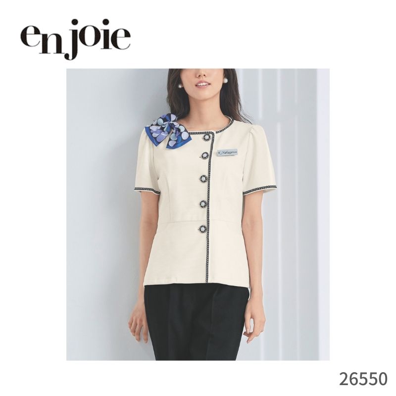 事務服 ジャケット レディース 洗える ジョア en joie ソフトジャケット en joie 26550 リップルニット 事務 制服 半袖 オフィス きれいめ  フォーマル かわいい 上品 シンプル  春 夏 女性 受付 洗える 防汚 防透 抗ウイルス 名札ポケット  ストレッチ 無地 ノーカラー