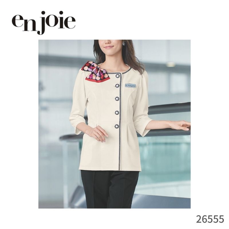事務服 ジャケット レディース 洗える ジョア en joie ソフトジャケット en joie 26555 リップルニット　事務 制服 七分袖 オフィス きれいめ フォーマル かわいい 上品 シンプル 春 夏 女性 受付 洗える 防汚 防透 抗ウイルス 名札ポケット ストレッチ 無地 ノーカラー 15,792円