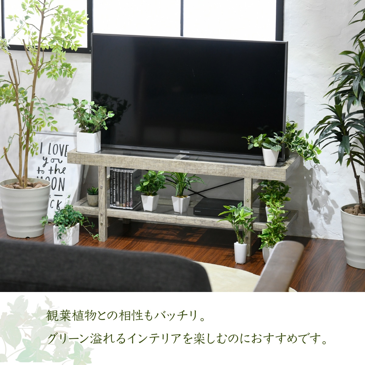 味わいのある古木風シートとガラスを組み合わせたデザインが お部屋全体にすっきりとした印象を与えるテレビ台 インテリア グリーン 40インチ ガラス古材 テレビ台 40インチ 多肉植物 シンプル グリーンのある暮らし シャビー 高さ40 ラック おしゃれ 鉢置き台