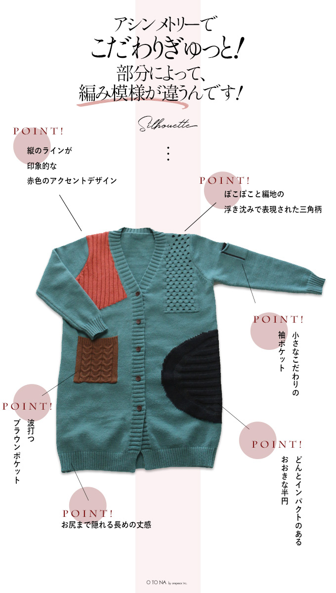 カーディガン。ロング丈。ニット。ブルーグリーン。糸で魅せる。カラフル編みのデザインニット1/1520時販売新作×メール便不可