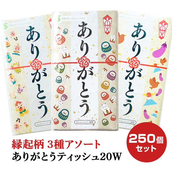 ありがとうティッシュ 20W ご祝儀袋 縁起柄(ポリタイプ) 3種ランダムアソート 250個セット(1c/s) 2枚重ね 20枚入 無地 無香料 名刺ポケット付き コンパクトティッシュ ミニティッシュ ティッシュペーパー 熨斗 のし 達磨 招き猫 七福神 一富士二鷹三茄子｜お取り寄せスタジアム