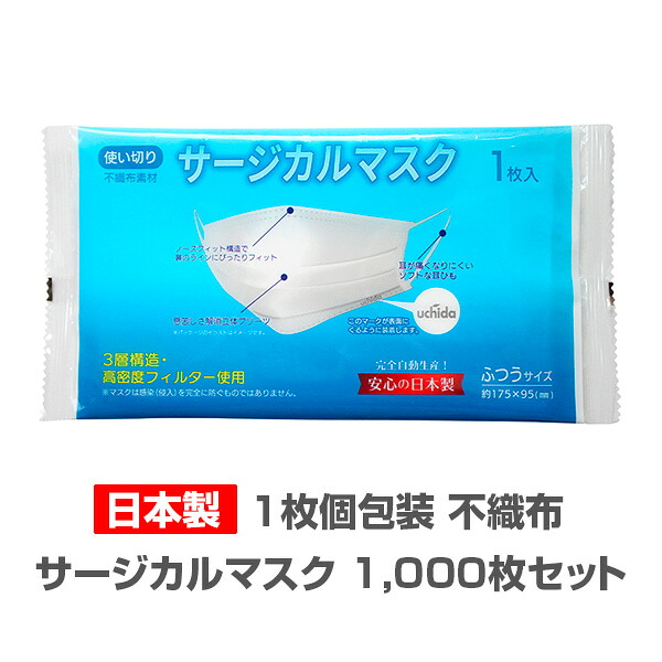日本製 サージカルマスク(個包装、完全自動生産)1枚入 1,000枚セット(2c/s)(000M00M6) 3層ストレッチマスク 不織布マスク 大人用マスク ふつうサイズ レギュラーサイズ 国産 国内製造 個別包装 名入れ オリジナル 業務用 販促品 ノベルティ 景品 アメニティ｜お取り寄せスタジアム