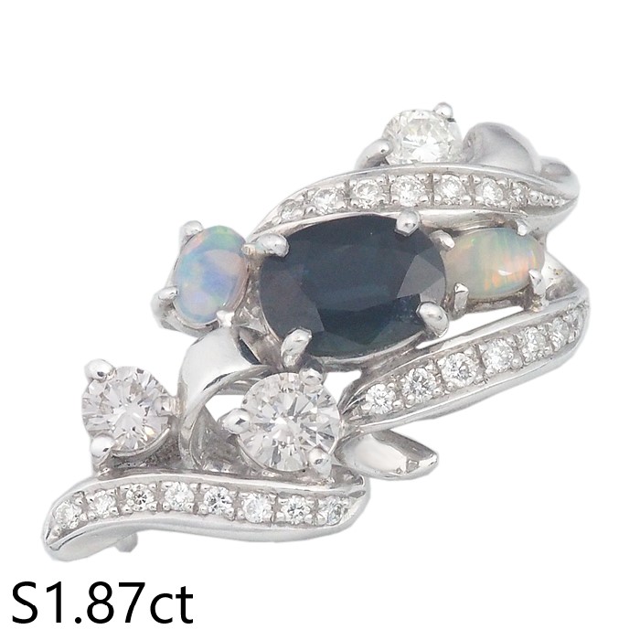 音羽屋■ サファイア/1.87ct オパール/0.22ct ダイヤ/0.95ct K18WG デザイン ブローチ 鑑別書付き 仕上済【中古】 129,000円