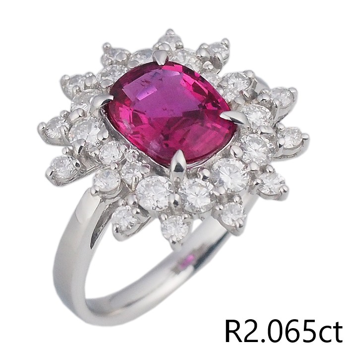 音羽屋■ ノーヒート 非加熱ルビー/2.065ct ダイヤ/1.02ct Pt950 リング 12号 鑑別書付き 仕上済【中古】｜質おとわや店