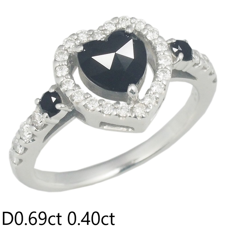 音羽屋■ ダイヤモンド/0.69ct 0.40ct K18WG ブラックダイヤ ハート デザイン リング 11号 仕上済【中古】