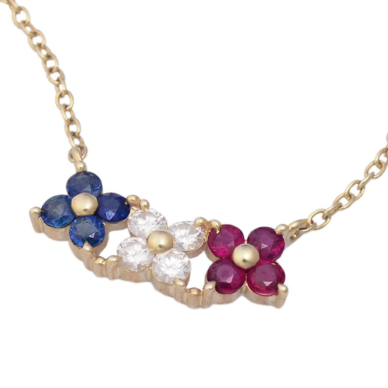 音羽屋■ サファイア ルビー ダイヤ/0.21ct K18YG デザイン ネックレス 鑑別カード付き 仕上済【中古】