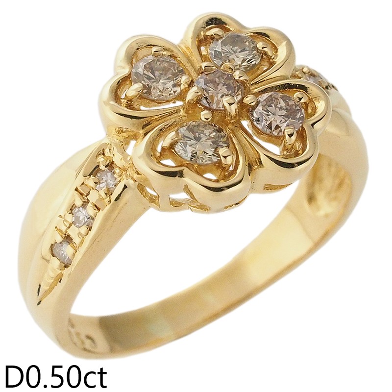 音羽屋■ ダイヤモンド/0.50ct K18YG クローバー デザイン リング 15号 仕上済【中古】