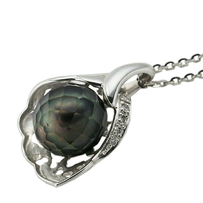 音羽屋■ 黒蝶 特殊研磨 パール/9.5mm ダイヤ/0.05ct K18WG デザイン ネックレス 鑑別書付き 仕上済【中古】