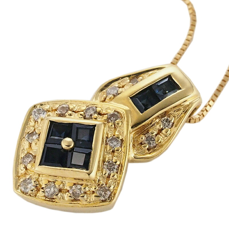 音羽屋■ サファイア ダイヤ/0.16ct K18YG デザイン ネックレス 仕上済【中古】