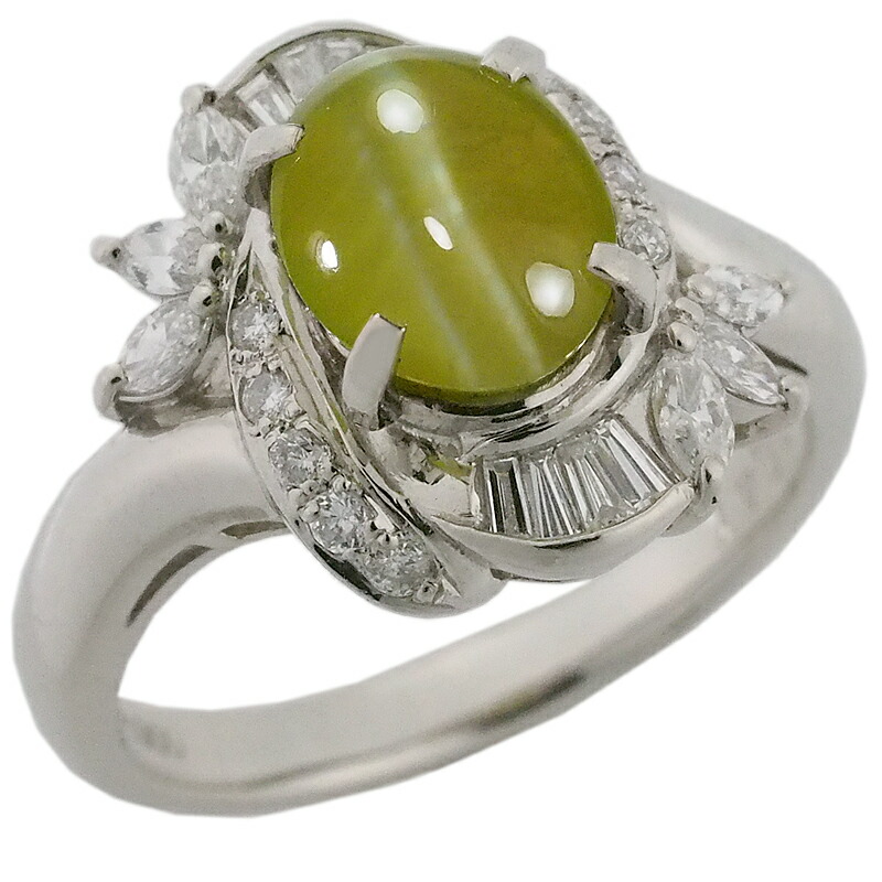 音羽屋■ クリソベリル キャッツアイ/2.08ct ダイヤ/0.47ct Pt900 デザイン リング 15号 鑑別カード付き 仕上済【中古】|質おとわや店