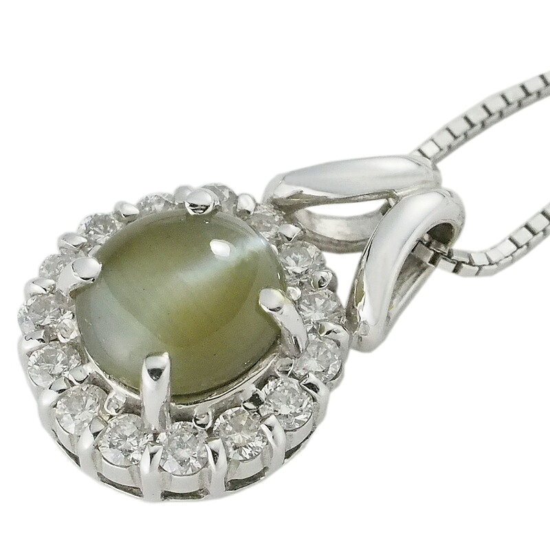 音羽屋■ クリソベリルキャッツアイ/1.20ct ダイヤ/0.26ct K18WG ネックレス 鑑別カード付き 仕上済【中古】