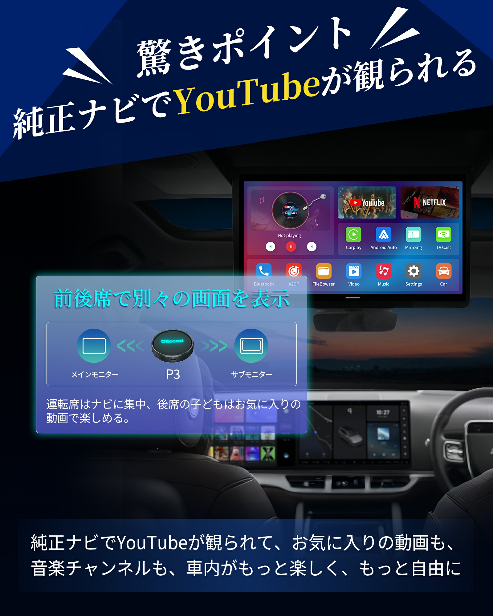 【公式店】人気OttoAibox P3 Pro【リモコン付き】オットキャスト P3pro Ottocast P3P【YouTube/Netflix動画視聴可能】AI Box アプリ自由にダウンロード HDMI™出力端子搭載 ワイヤレスCarPlay/Android Auto対応