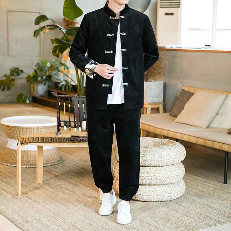 セットアップ メンズ コール天 中華風 唐装 漢服 上下仕掛ける 2点仕掛ける 御部屋着 御部屋御召しもの コール天のメンズセットアップ 上下2点仕掛ける