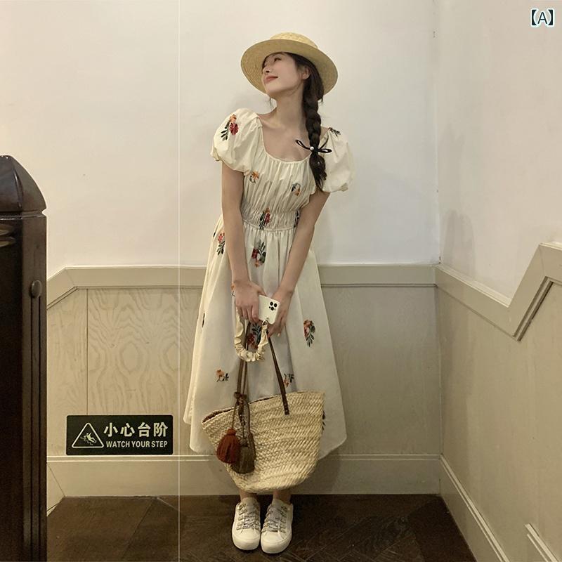 大きめサイズ レディース おしゃれ ファッション カジュアル フェミニン 上品 デート 女子会 夏 アプリコット 通勤 ハイウエスト 半袖 刺繍 プリント ドレス