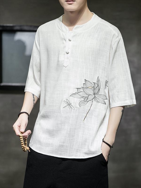 Tシャツ メンズ 刺繍 リネン 麻 半袖 夏 涼しい ゆったり 大きいサイズ 唐装風 チャイナ風