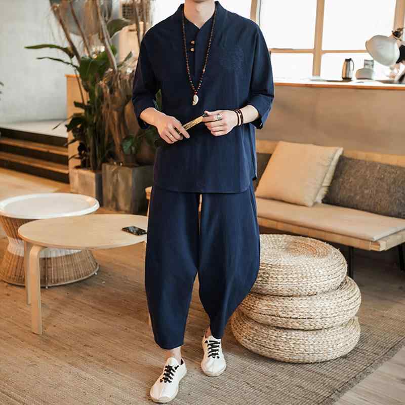 Tシャツ メンズ 半袖 夏 薄手 涼しい 大きめサイズ 中華風 カジュアル 部屋着 リラックスウェア 綿麻 セットアップ｜おうち健康生活