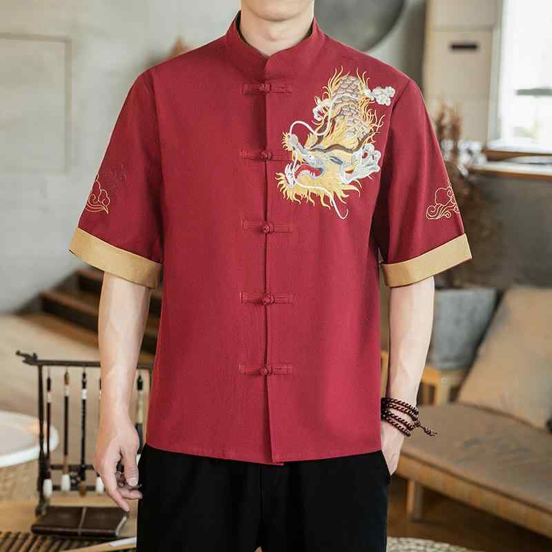 シャツ メンズ チャイナ風 配 チャイニーズボタン 中袖 唐装 中華風 レトロ 竜 龍 刺繍 ゆったり 五分袖 半袖