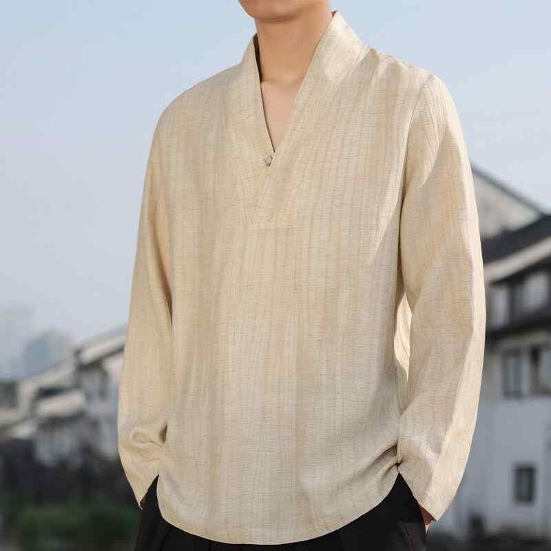 シャツ メンズ Vネック 長袖 通気性 快適 綿麻 唐装 漢服 瞑想修服 上着 シャツ メンズ Vネック 長袖 通気性 快適 綿麻 チャイナ風 普段着 トップス