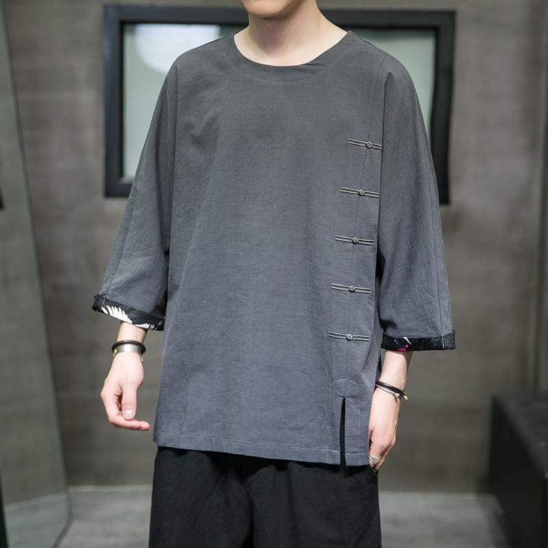 Tシャツ メンズ 七分袖 綿麻 チャイナ風 中華風 シャツ カットソー 民族風 ゆったり 大きいサイズ トップス