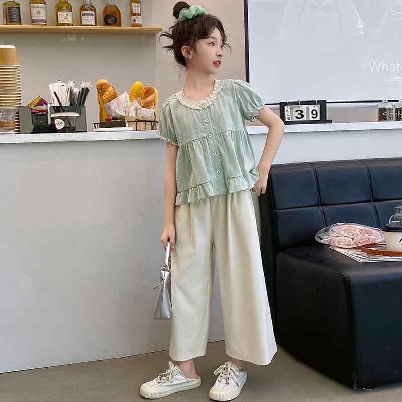 セットアップ 女の子 半袖 ブラウス ワイドパンツ 夏 薄手 涼しい 子供服 上下 2点セット