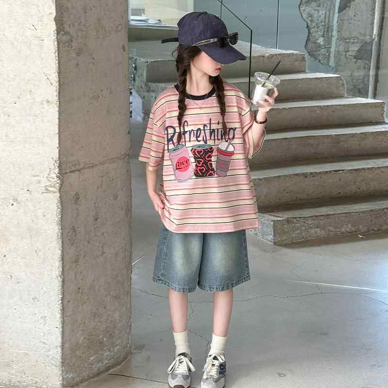 Tシャツ 女の子 夏 ストライプ 半袖 セットアップ 綿 子供服 キッズ デニム ショートパンツ 4,741円