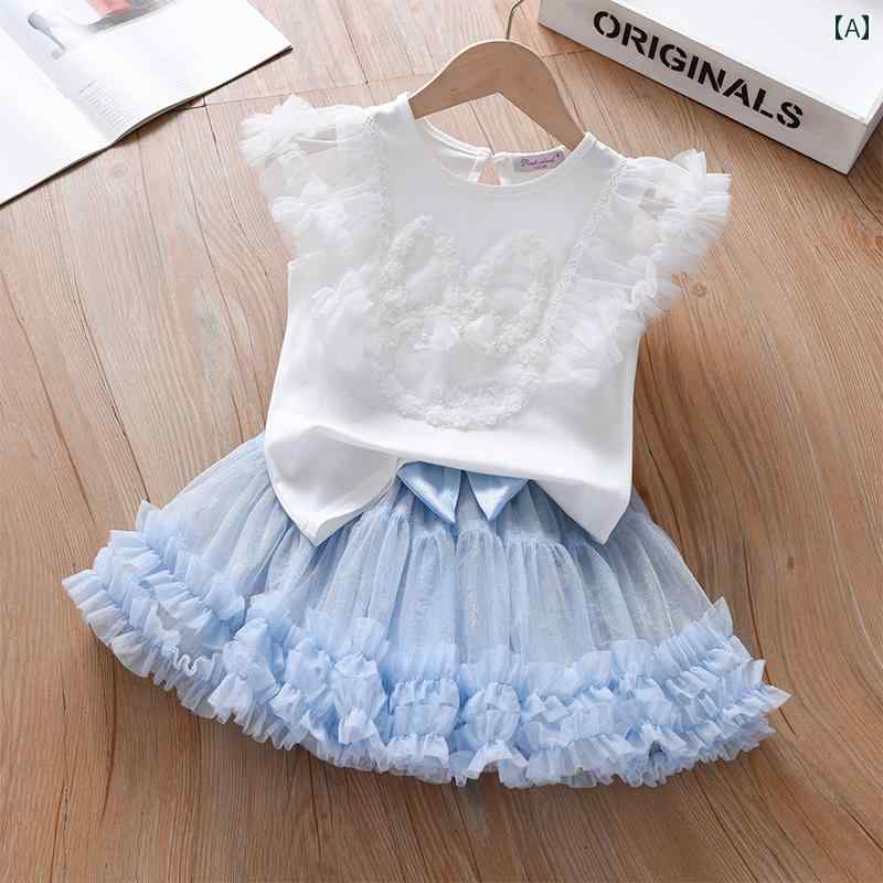 子供服 女の子 セットアップ おしゃれ カジュアル 夏 チュチュ ふんわり スカート プリンセス Tシャツ ブルー ショート スカート 2点 セット
