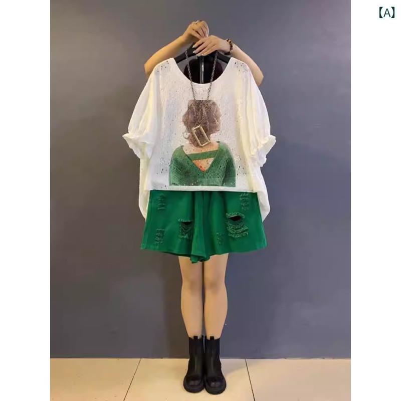 大きめサイズ レディース トップス カジュアル おしゃれ デート 女子会 普段使い 夏 半袖 Tシャツ 体型カバー スリム 大きめ シャツ ダメージ ショート パンツ