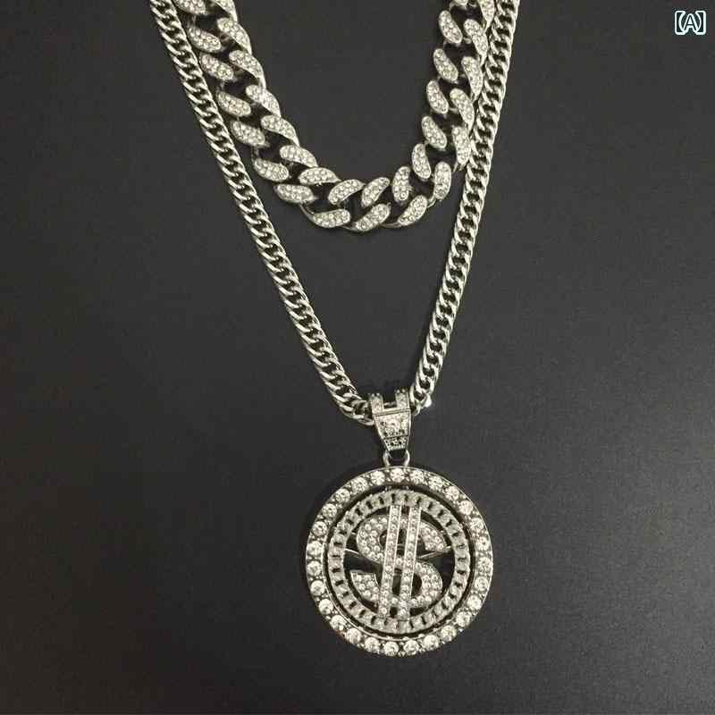 太い チェーン ネックレス 極太 マイアミ キューバン ヒップホップ つい ラップ アメリカン ストリート ICED OUT アウト ストーン メンズ 個性 ドル 回転 ペンダント