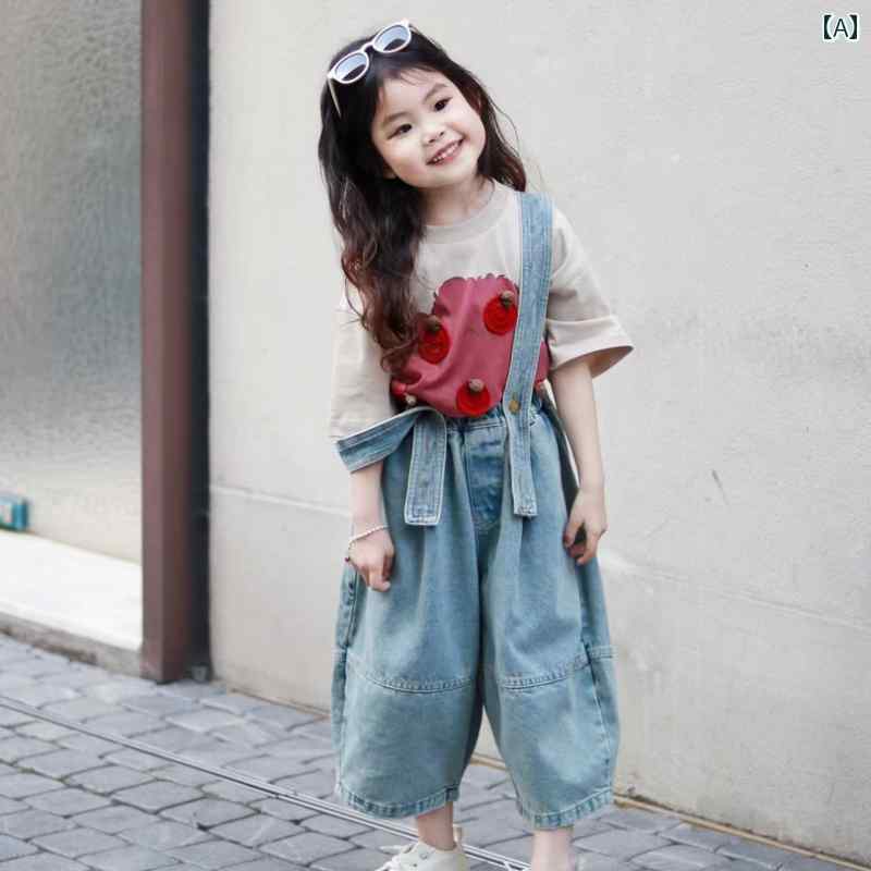 子供服 女の子 セットアップ おしゃれ カジュアル 夏 レトロ デニムオーバーオール かわいい Tシャツ 2点 セット トレンディ