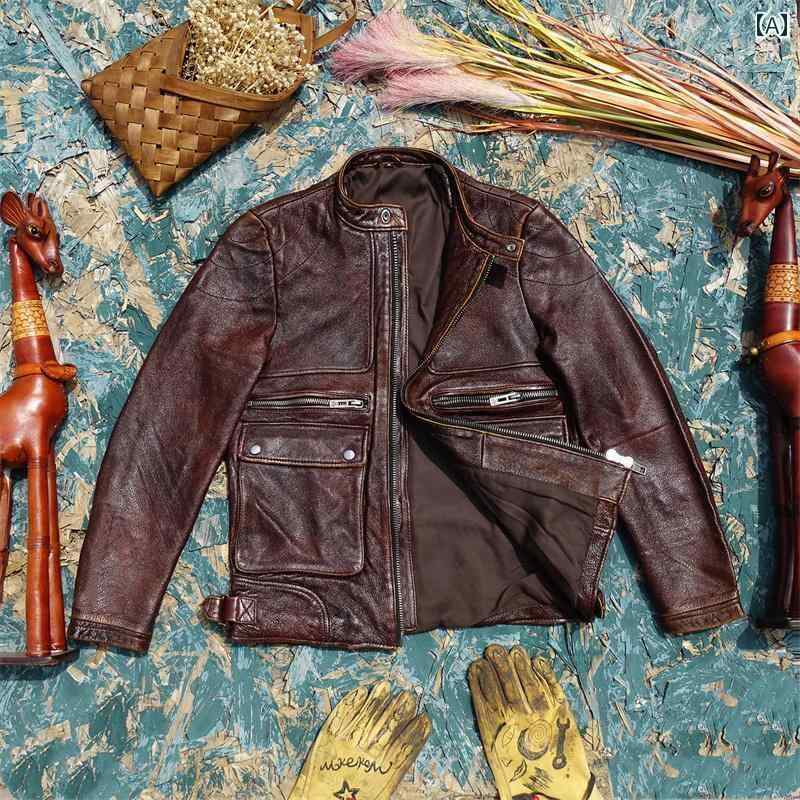 メンズ レザー ジャケット 秋 牛革 ライダース アウター ジップアップ 大きめサイズ 防寒着 かっこいい ブラウン 細身 ショート 革ジャン