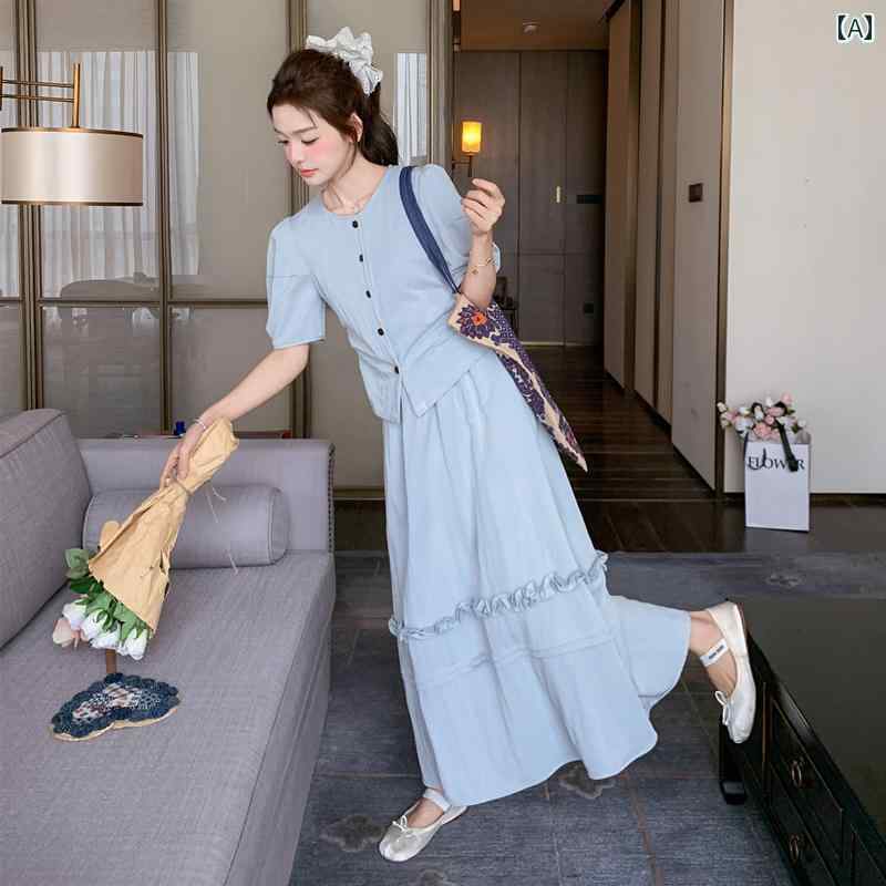 セットアップ レディース 夏 カジュアル おしゃれ 婦人服 普段使い ブルー 優しい 服装 フレンチ パフスリーブ スリム スカート