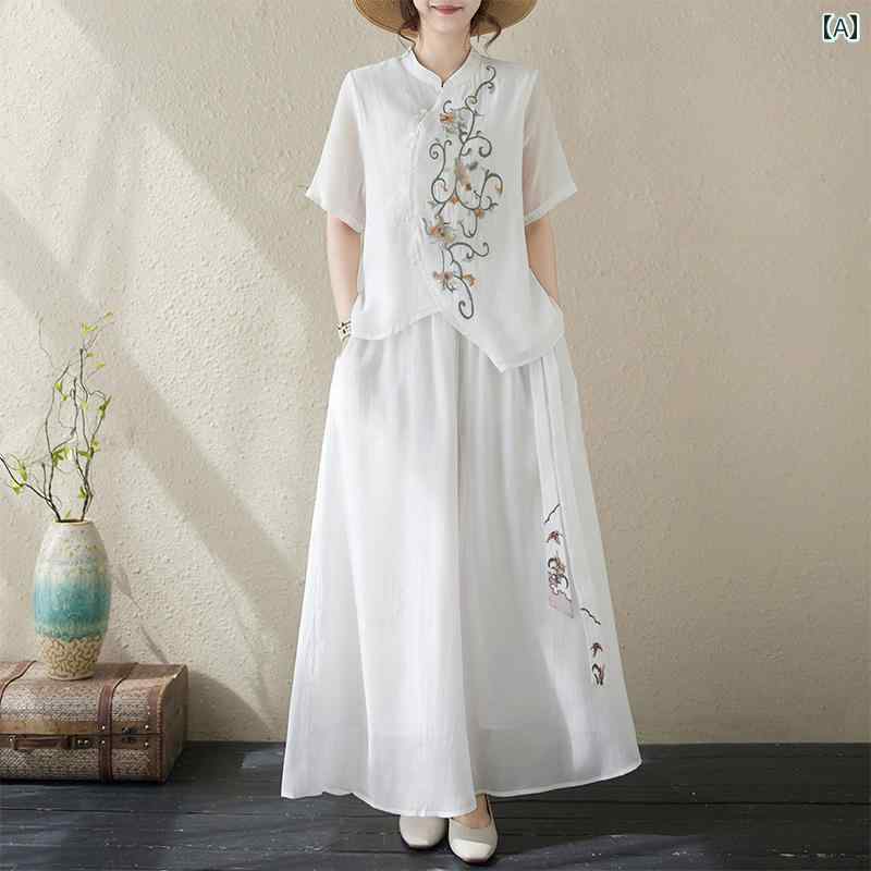 セットアップ レディース 夏 カジュアル おしゃれ 婦人服 普段使い チャイナ風 新 母 カジュアル 綿 リネン 2点セット