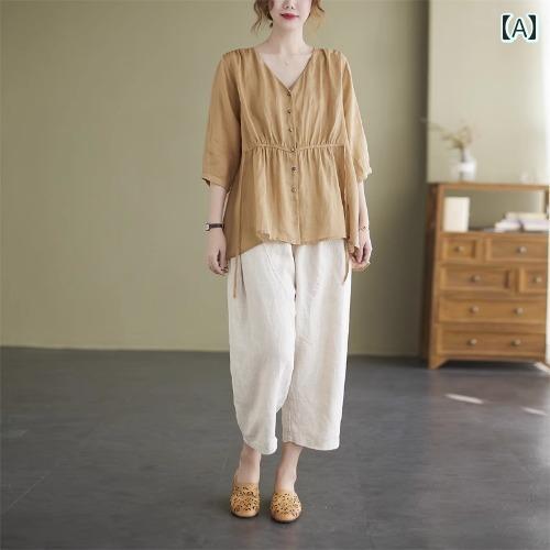 セットアップ レディース 夏 心地好い 今めかしい お上さん服 普段使い走り 大きめ大いさ 綿織物リネン 心地好い ティーシャツ