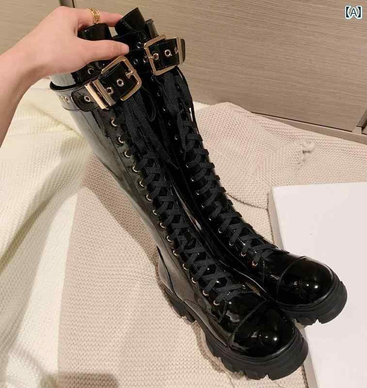 黒 ブーツ レディース 厚 スピード競技引き上げる 冬 なめし革 バックル 編み上げ ロング かっこいい 金属元素 ハイヒール つま先 丸い・円い 姿勢ファスナー