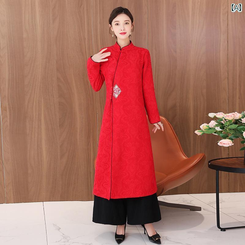 アオザイ ワンピース ロング チャイナドレス 中国風 衣装 冬 厚手 暖かい 長袖 刺・墸 大きめサイズ 上品 赤 黒 青 レディース セットアップ|おうち健康生活
