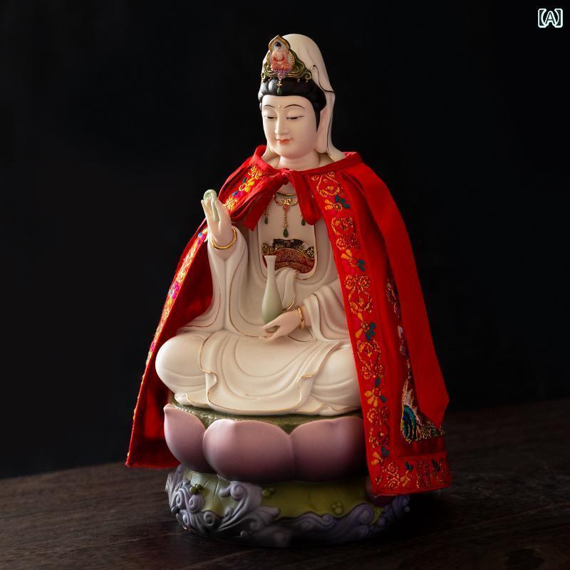 仏像 置物 マント 観音 菩薩 レトロ エスニック インテリア ディスプレイ 中国風 仏服 蓮の花 刺繍 赤 黄 ピンク