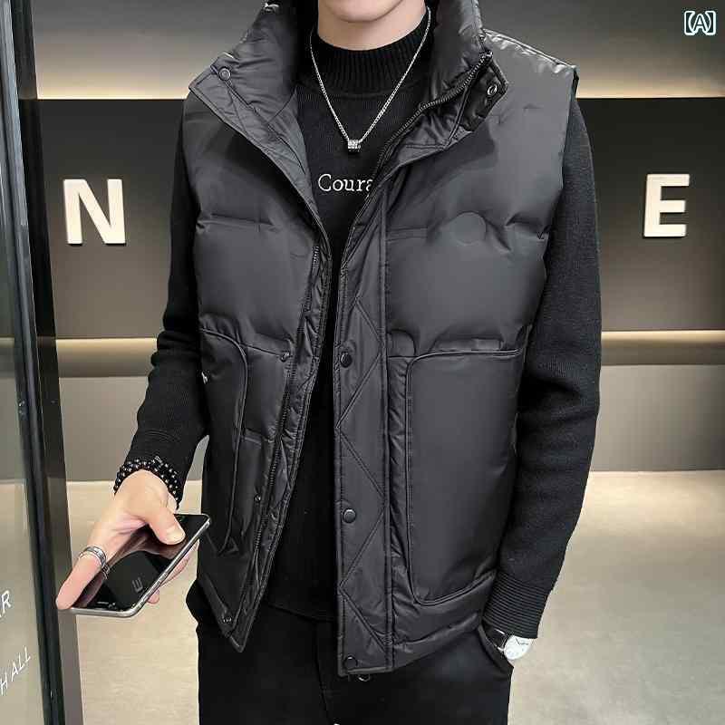 ダウンベスト 大きめサイズ メンズ 秋冬 暖かい 防寒 スタンドカラー ジップアップ ポケット ゆったり 軽量 ソフト おしゃれ カジュアル シンプル 黒 グレー｜おうち健康生活