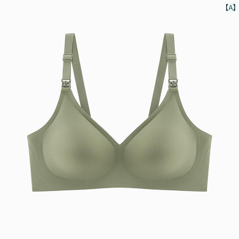 マタニティ ブラ 産前産後 前開き ブラジャーストラップ フック 片手 開閉 授乳 サポート 垂れ 防止 妊娠 専 下着 スチールリング 無し 快適スポンジ パッド 春夏 シームレス 薄手 大きめサイズ ストレッチ性 シンプル M L 2XL 緑 青 グレー