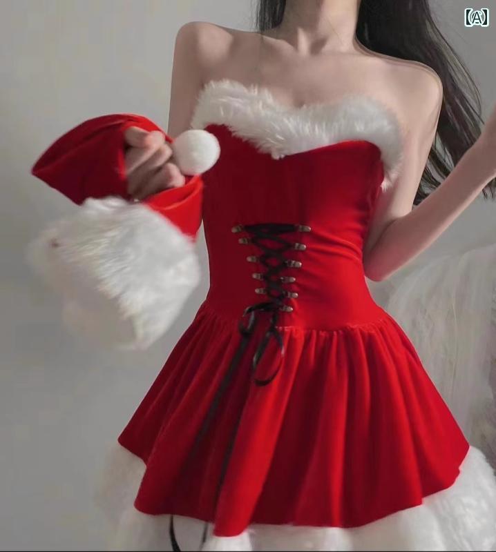 クリスマス コスプレ 大人 女子 サンタクロース コスチューム セクシー 衣装 レディース 韓国 チューブトップ ドレス 帽子 手袋 ポリエステル ベロア 白 ファー ミニ スカート フレア 編み上げ ポンポン パーティー かわいい M L XL サイズ