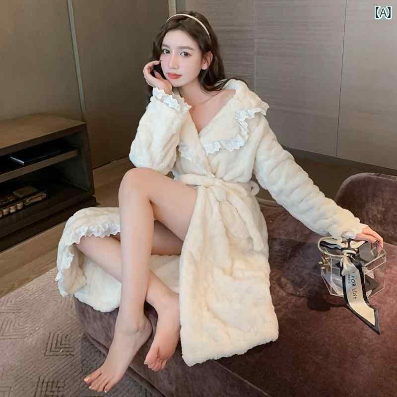 バスローブ レディース 冬 秋 韓国 レース 柔らかい 快適 セクシー ネグリジェ フランネル パジャマ エクストラ ロング シンプル 厚手 暖かい