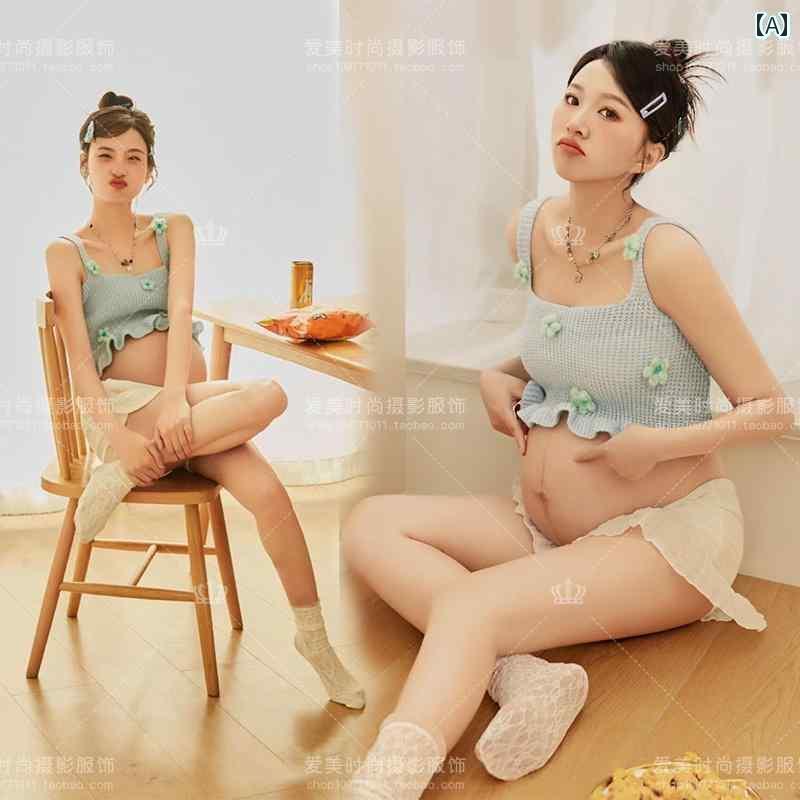 マタニティフォト 衣装 セットアップ スタジオ 夏 撮影 かわいい ニット キャミソール ママ ホワイト ピンク ブラック フリーサイズ デニム カチューシャ