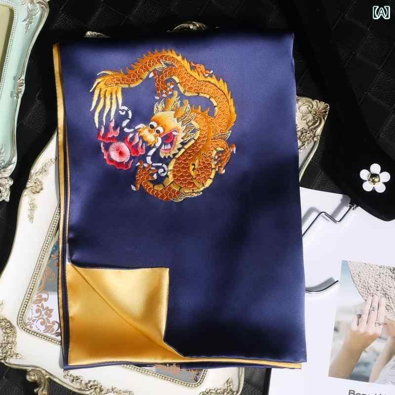 スカーフ メンズ ショール 60代 ギフト シニアファッション おじいちゃん 春秋 青 金 龍 刺繍 チャイナ風 敬老 父の日 誕生日 クリスマス おしゃれ