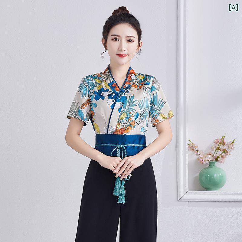 エステ ユニフォーム パンツ 美容師 作業服 レディース 夏 フットバス マッサージ 半袖 Vネック サロン ヘルスクラブ スパ 大きめサイズ 花柄 セットアップ チャイナ風 アプリコット 黒 7,433円