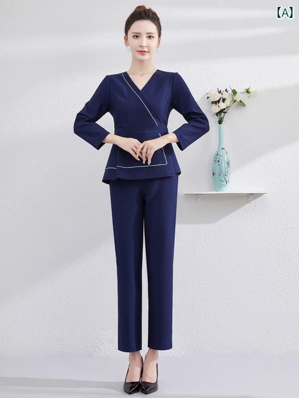 エステ ユニフォーム パンツ レディース 美容院 技術者 春秋 長袖 ホテル フットバス スパ サロン 作業服 Vネック 大きめサイズ ネイビー ピンク｜おうち健康生活 7,652円